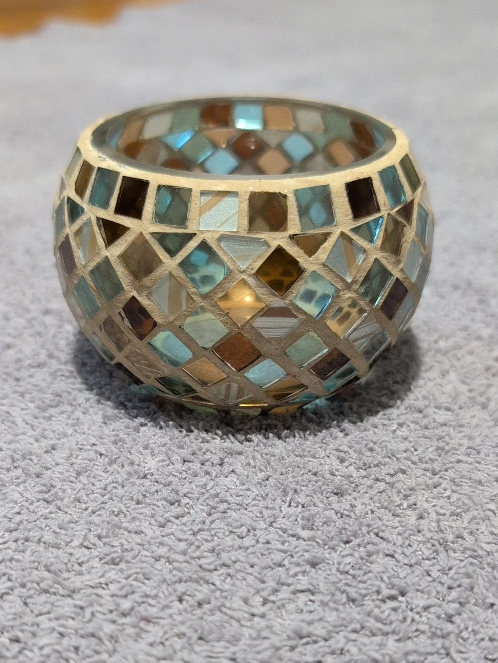 Mosaic Glass Tea Light Holder - Aqua, Gold, Brown